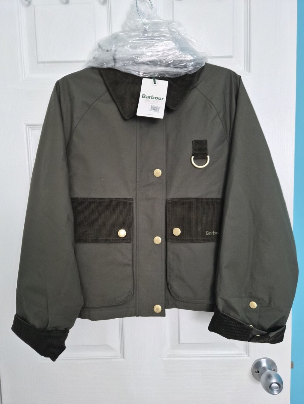 Barbour Phoebe Casual Cropped Jacket Olive Green Corduroy Trim Size US 6 - Picture 9 of 10